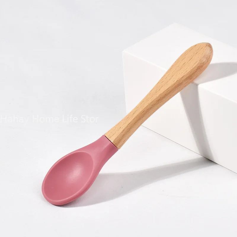 Baby Silicone Feeding Set with Wooden Handle Soft Training Spoon and Fork for Kids