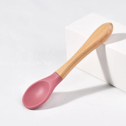 Baby Silicone Feeding Set with Wooden Handle Soft Training Spoon and Fork for Kids