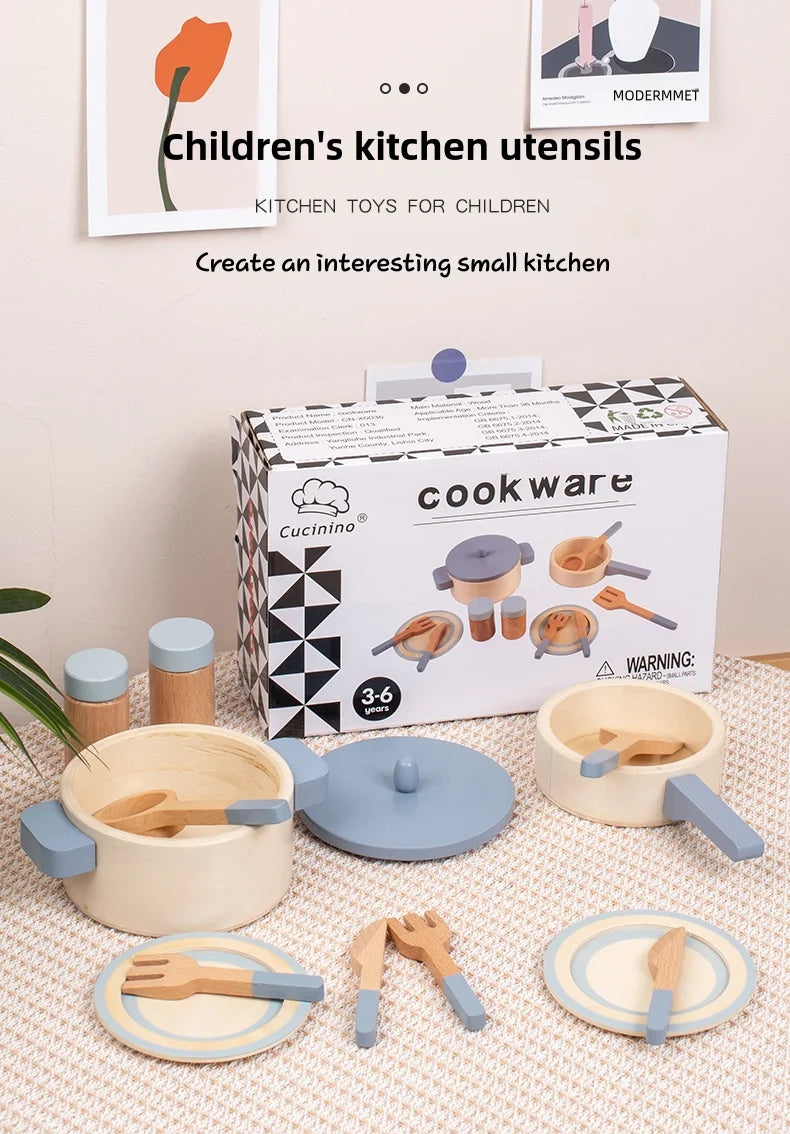 Wooden children's simulation kitchen toys, early education educational toys, simulation pots and pans, food, role-play chef