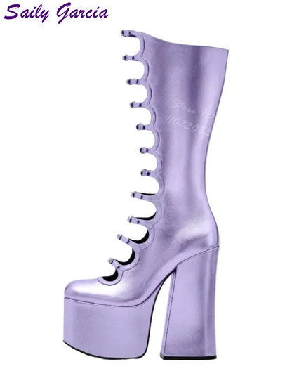 Platform Strappy Chunky Sandals Solid Thick Women Summer Boots Sexy Party Women Shoes Metal Button Fashion Leather Shallow