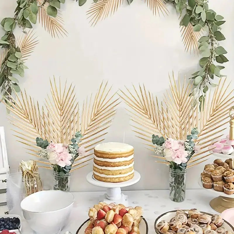 6/12 gold faux palm fronds, outdoor faux palm fronds, fake tropical palm fronds, birthday and wedding party decorations