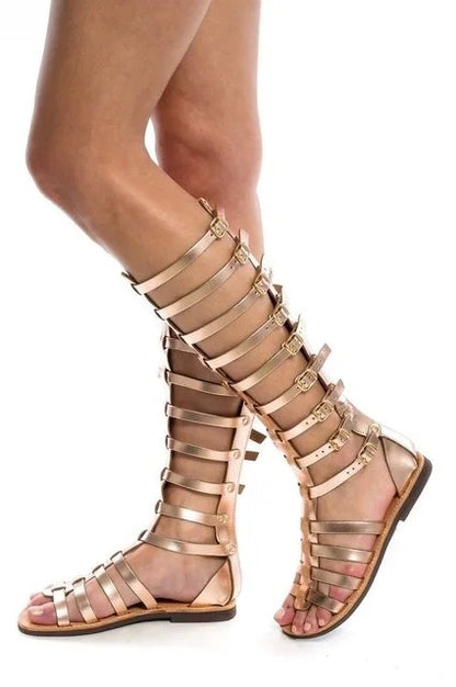 Gladiator sandals women 2025 Summer Ladies' high top knee high sandals Roman Bandage Sandal Women Fashion Zip Flat Sandal