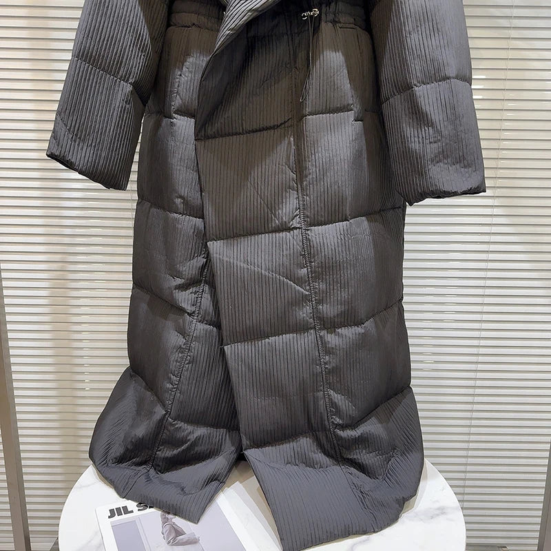 Winter Big Turn Down Collar Long Down Jacket Drawstring Striped Thick Knee Length Overcoat Warm White Duck Down Jacket Women