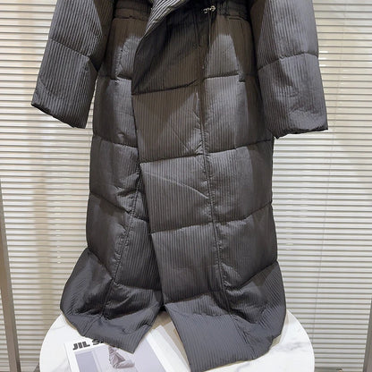 Winter Big Turn Down Collar Long Down Jacket Drawstring Striped Thick Knee Length Overcoat Warm White Duck Down Jacket Women