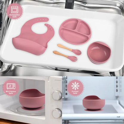 Children's silicone tableware set Baby Complementary Food Training 1/2/3/5PCS Set Sucker Bowl Bib Cup Fork Spoon Set Maternal