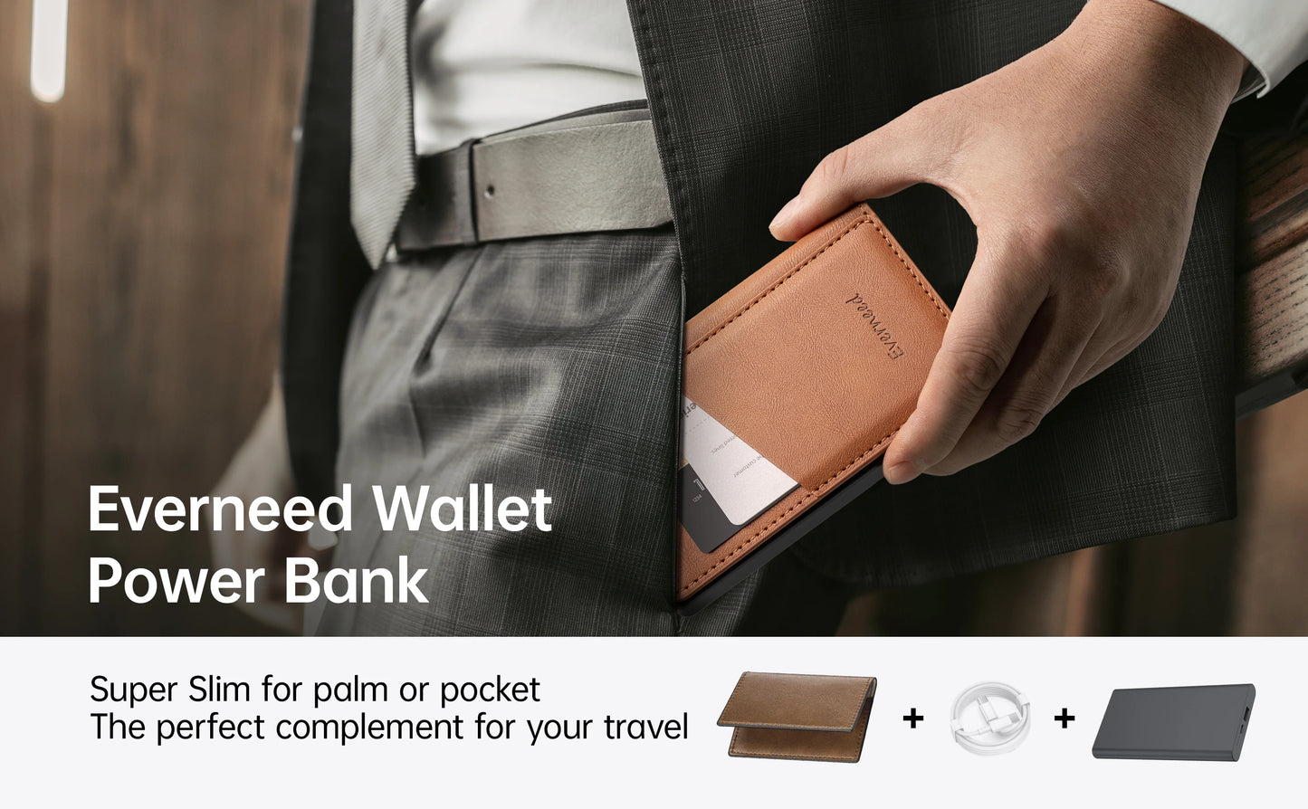 【PD 20W】Portable Power Bank with Wallet Case, 5000mAh Built-in Cable Fast Charging for Phone, USB-C, Slim portable charger