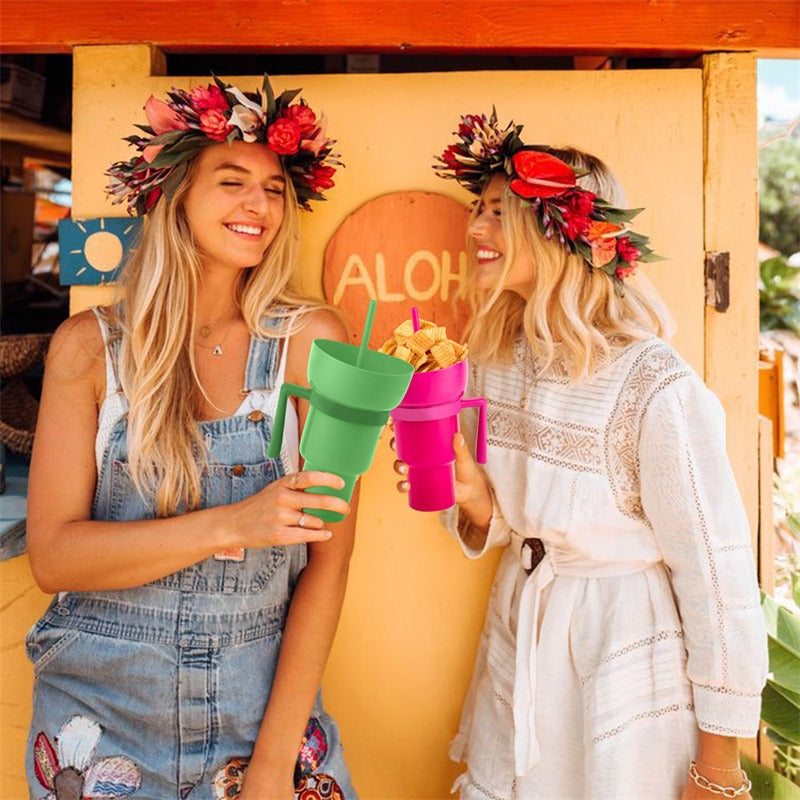 2 in 1 Popcorn Beverage Cup Snack 1000ML Straw Cup with Handle Water Bottles with Straw Coffee Cup Mug Leak-Proof For Kids Adult