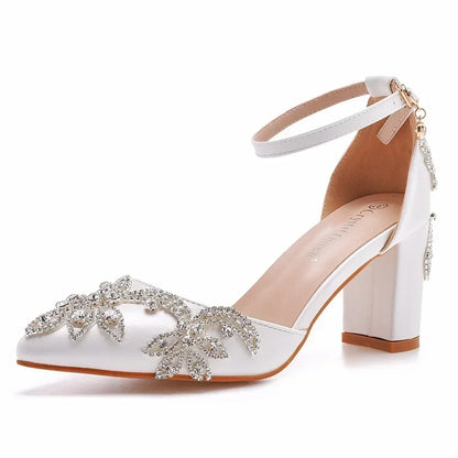 2025 Thick Heel Pointed Toe Shoes Large Size  Thick Heel Sandals Women Rhinestone Wedding Shoes Women White Wedding Shoes Drill