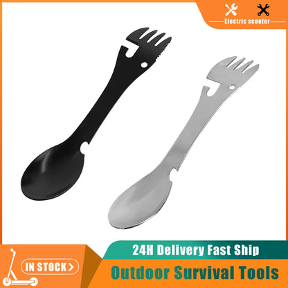 Multi-functional Outdoor Survival Tools 5 in 1 Camping Hiking Gear Practical Fork Knife Stainless Steel Spoon & Bottle Opener