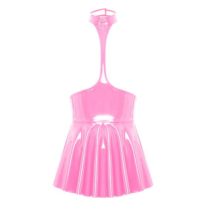 Womens Patent Leather Halter Latex Dress Wet Look Bare Breast Exposing Patent Leather Open Chest Halter Ruffled Latex Dresses