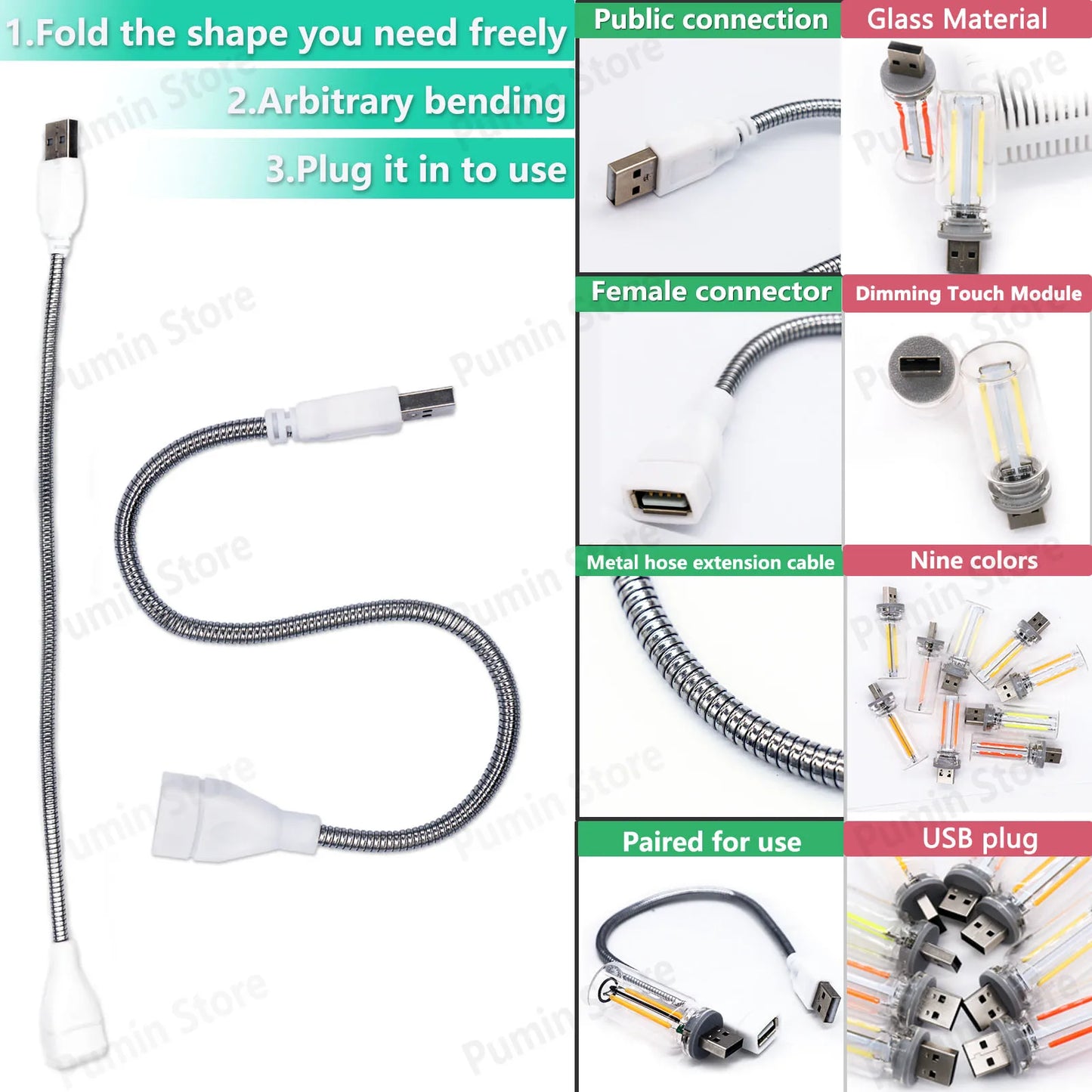 LED Night Light A set of Light Bulbs USB Bendable Night Light USB Metal Hose And Night Light Bulb Purple Pink Blue Green