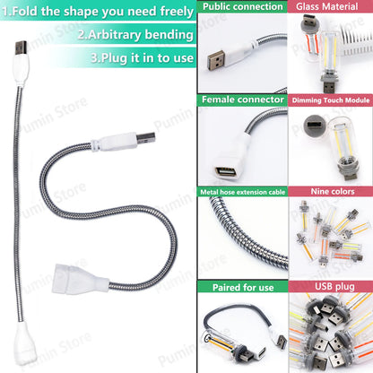LED Night Light A set of Light Bulbs USB Bendable Night Light USB Metal Hose And Night Light Bulb Purple Pink Blue Green
