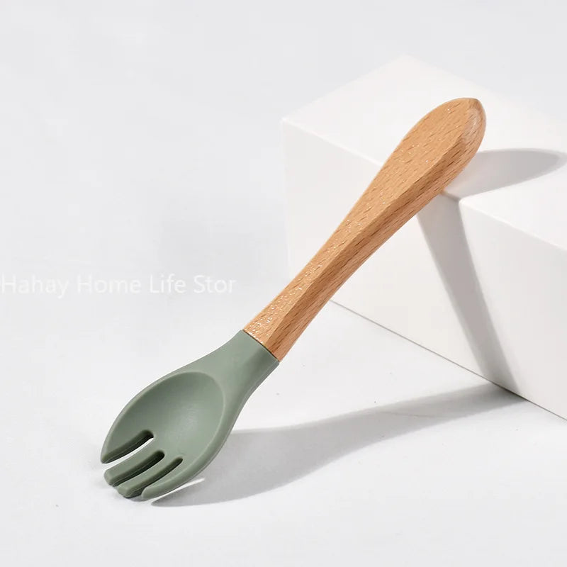 Baby Silicone Feeding Set with Wooden Handle Soft Training Spoon and Fork for Kids