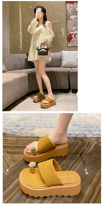 7cm Shiny Rhinestone High Platform Slippers Women Butterfiy-Knot Heels Chunky Sandals Woman Summer Thick Bottom Wedges Slides