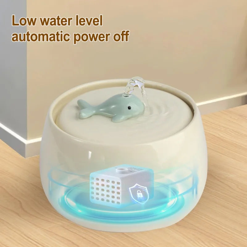 1.3L Ceramic Cat Fountains for Drinking, Anti-burn Cat Water bowl with 1 wooden mat USB Automatic Water Dispenser for Cats