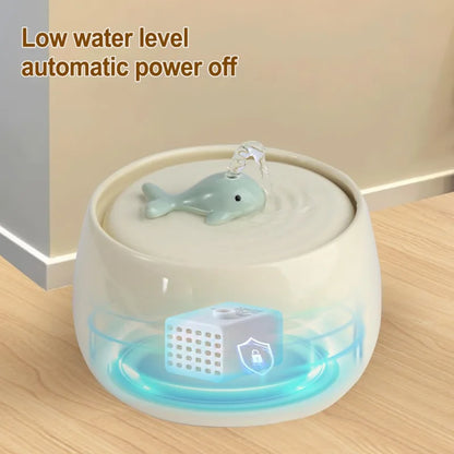 1.3L Ceramic Cat Fountains for Drinking, Anti-burn Cat Water bowl with 1 wooden mat USB Automatic Water Dispenser for Cats