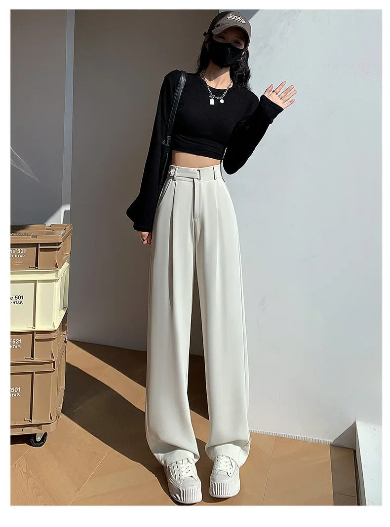 Office Ladies Casual Suit Wide Leg Pants Women Elegant 2025 Spring Summer Fashion Solid Color High Waist Loose Outwear Trousers