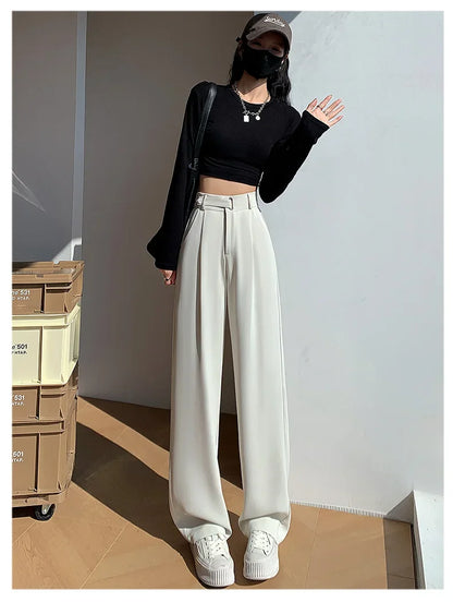 Office Ladies Casual Suit Wide Leg Pants Women Elegant 2025 Spring Summer Fashion Solid Color High Waist Loose Outwear Trousers