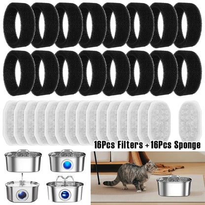 Pet Water Fountain Filter Replacement and Sponge 3 Filtration System Compatible with 3.2L Stainless Steel Cat Water Fountain