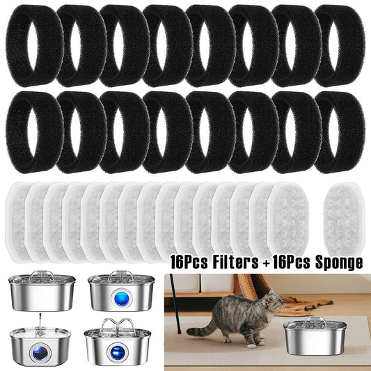 Pet Water Fountain Filter Replacement and Sponge 3 Filtration System Compatible with 3.2L Stainless Steel Cat Water Fountain