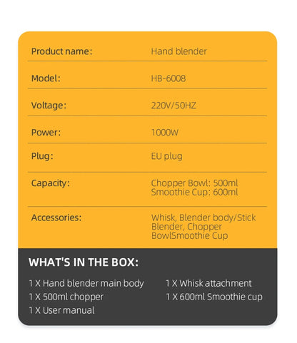 Wancle 1000W Immersion Hand Blender 4 in 1 Powerful Stick Blender Mixer 16 Speeds Adjustable for Protein Shakes Whipped Cream