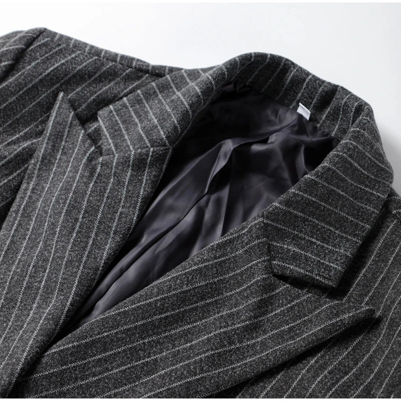 Retro Striped Lapel Woolen Long Coat Women Casual Loose Dark Grey Oversize Coats Female Winter Elegant Chic Outwear