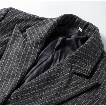 Retro Striped Lapel Woolen Long Coat Women Casual Loose Dark Grey Oversize Coats Female Winter Elegant Chic Outwear