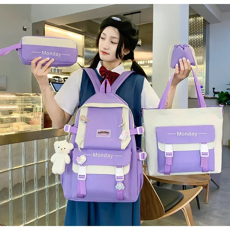 4 Set Korean High School Junior High School Elementary School Student Forest Style Versatile Backpack with Large Capacity Colors