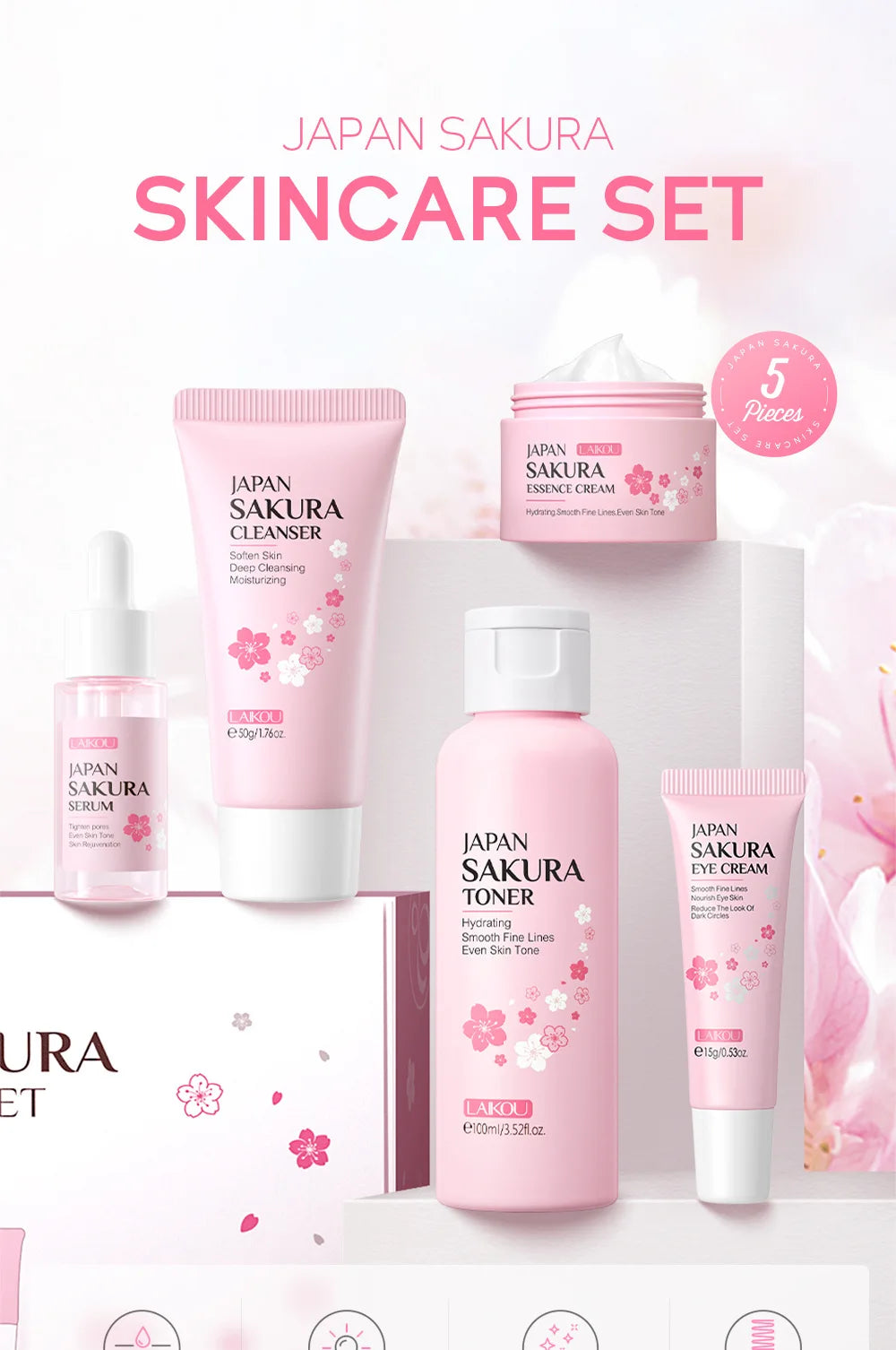 LAIKOU Sakura Skin Care Sets Facial Cleanser Eye Creams Face Cream Serum Lotion Toner Brightening Moisturizing Face Care Kit
