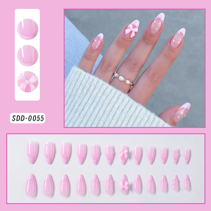 24Pcs Pink Leopard Print French Tips False Nails Short Square Head 3D Black Bowknot Fake Nails Acrylic Full Cover Press on Nails