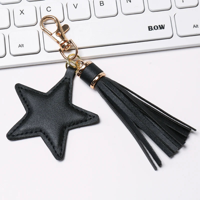 Fashion PU leather Tassel Key Chain for Women Girl Star Pendant Lobster Clasp Key Rings Bag Accessories