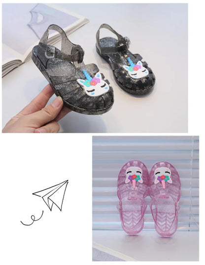 New Child Sandal Cute Girl Boy Beach Cave Shoe Transparent Glitter Jelly Crystal Kid Princes Shoe Breathable Roman Beach Sandal
