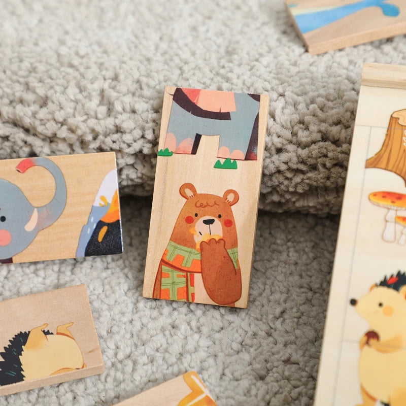 The Baby Montessori Domino Puzzle Toy Features Cartoon Patterned Dominoes With Smooth Edges That Are Super Fun For Babies