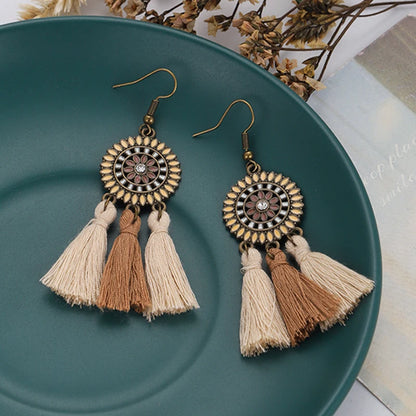 Bohemian Brown Geometric Fringe Earrings for Women Vintage Hollow Flower Beads Tassel Earrings Girls Party Jewelry Gifts