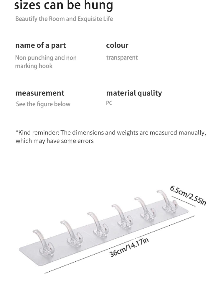 Transparent 6 Row Hooks No Trace Strong Hooks Sticky Rear Row Hooks for Hanging Towels Clothes and Coats Bathroom Accessories