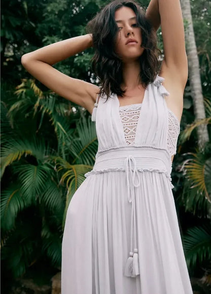 canwedance Summer Beach Dress Sleeveless Cotton Maxi Dresses Boho Style Solid Color Lace Ruffled Sundress Mujer Vestidos