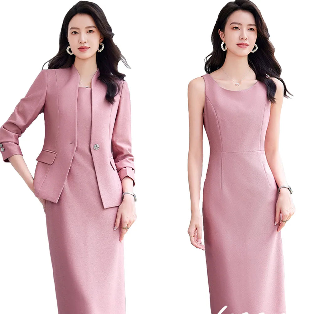 Office Suit Women Collarless Blazer + Vest Dress Set Executive Lady Workwear Elegant 2 Piece Set Long Sleeve Pink Suit Jacket