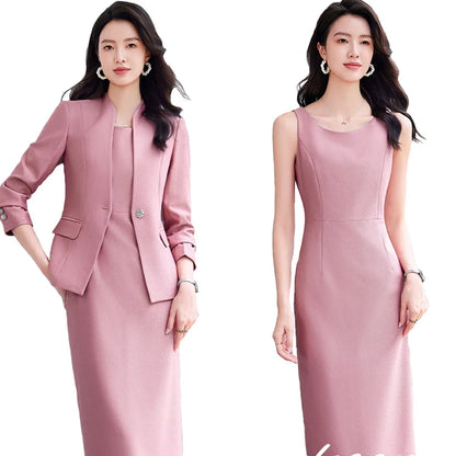 Office Suit Women Collarless Blazer + Vest Dress Set Executive Lady Workwear Elegant 2 Piece Set Long Sleeve Pink Suit Jacket