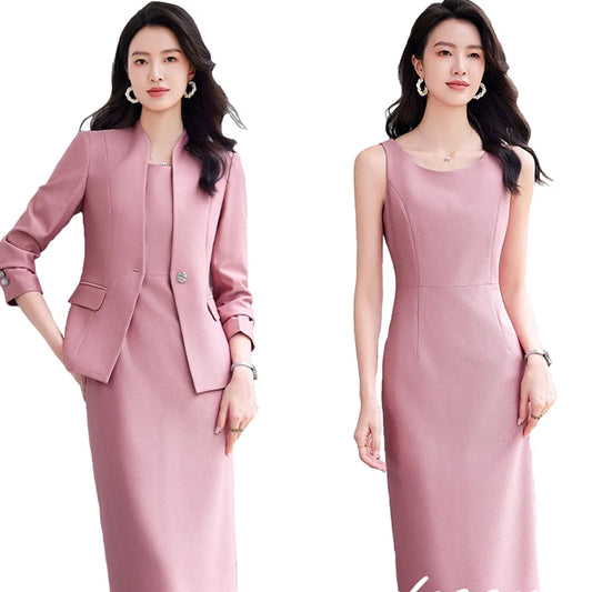 Office Suit Women Collarless Blazer + Vest Dress Set Executive Lady Workwear Elegant 2 Piece Set Long Sleeve Pink Suit Jacket