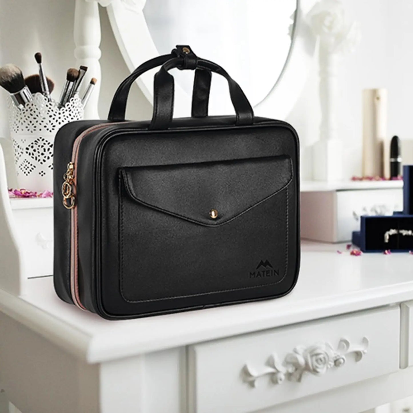 Travel Toiletry Bag,Faux Leather Hanging Makeup Bag Snap Handle,Multiple Traveling Organizer Container for Toiletries Accessorie