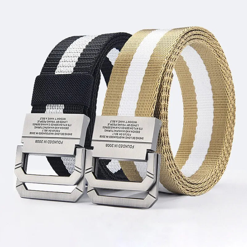 Men's Belt Trend Double Loop Buckle Canvas Belt Women's Belt with Cargo Pants Jeans Belt Outdoor Sports Belt No Perforated Belt
