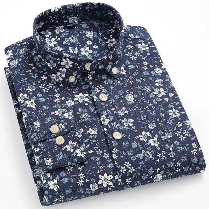 Fashion korean100%cotton casual long-sleeve shirts for men slim fit plain tops print designer vintage elegant clothes streetwear