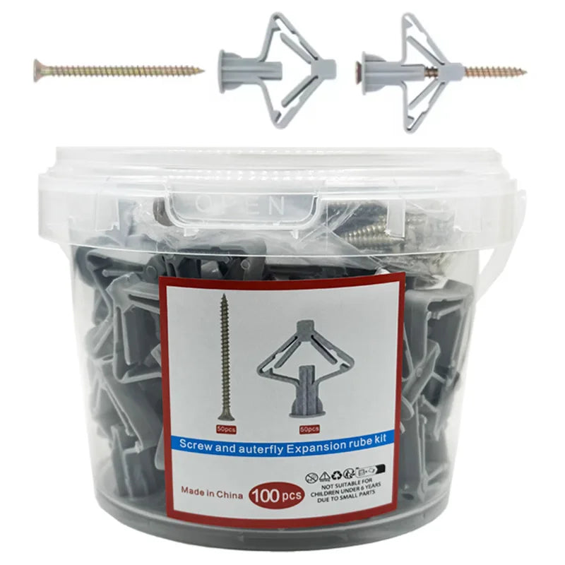 100pcs Drywall Anchor Kit Hollow Wall Anchors Plasterboard Plugs Screws Butterfly Expansion Tube Pipe 50 Set