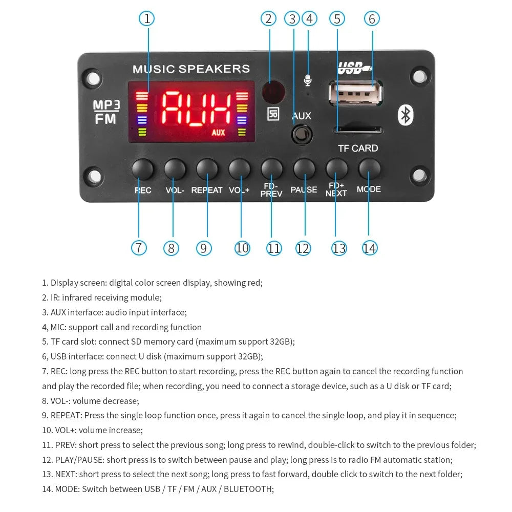 2*25W 50W Amplifier 12V MP3 Player Decoder Board Bluetooth 5.0 Car FM Radio Module TF USB AUX WMA Player Decoder Handsfree