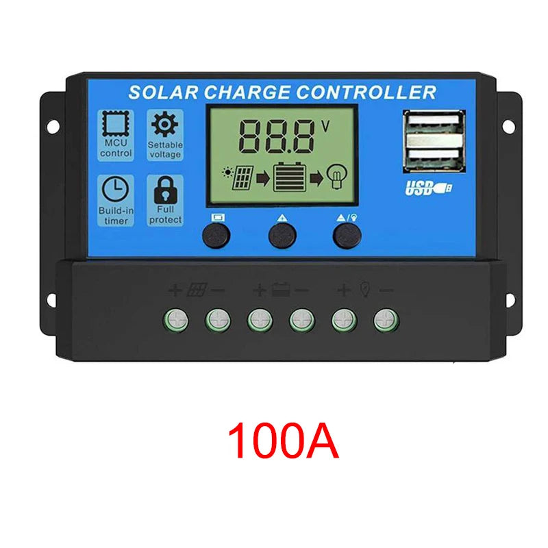 10/20/30/40/50/60/100A Solar Charge and Discharge Controller LCD Display Dual USB Auto Solar Cell Panel Charger Regulator