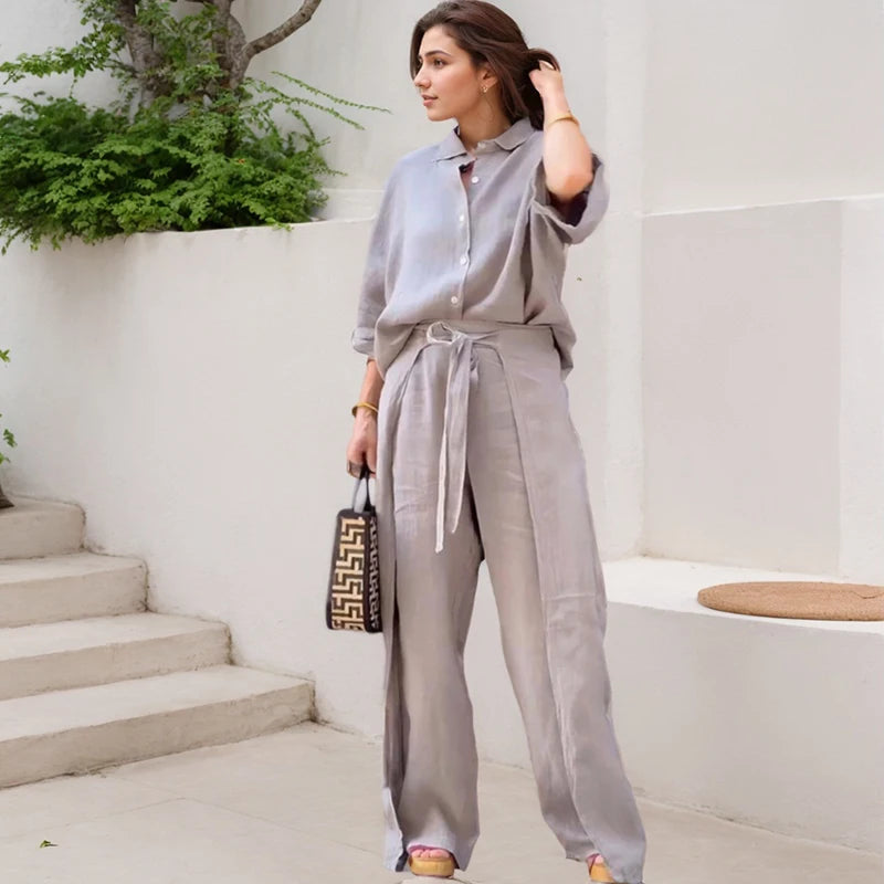Office Lady Shirt Pants Two Piece Set Casual Single Breasted Three-quarter Sleeves Top And Belt Irregular Wide Leg Trousers Suit