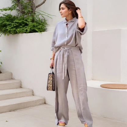 Office Lady Shirt Pants Two Piece Set Casual Single Breasted Three-quarter Sleeves Top And Belt Irregular Wide Leg Trousers Suit