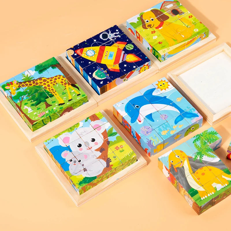 Six Sides Painted Wooden Puzzle Three-Dimensional Traffic Animal Puzzle Building Blocks Early Education Educational Toy