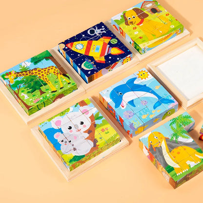 Six Sides Painted Wooden Puzzle Three-Dimensional Traffic Animal Puzzle Building Blocks Early Education Educational Toy
