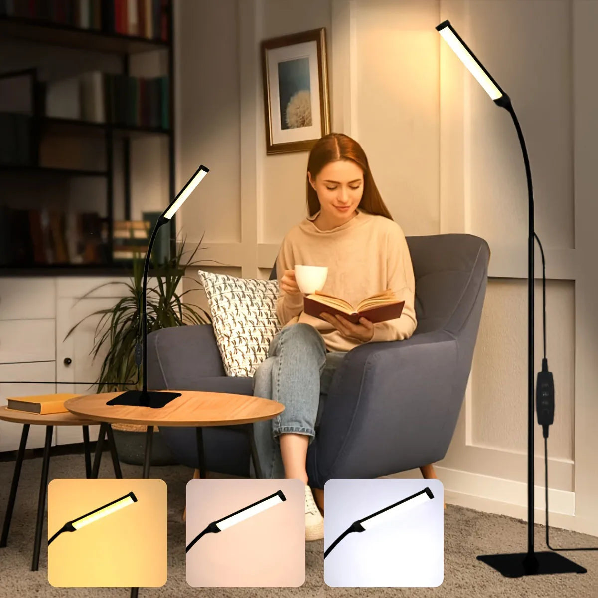 LED Floor Lamp, Eye Caring Reading dimmable desk lamp  flexible gooseneck [120 LED 3 color] for living room, bedroom, office